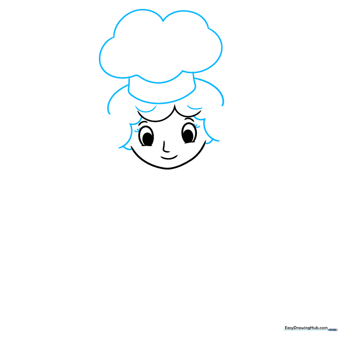 Drawing the chef's hat and hair details using curved lines.