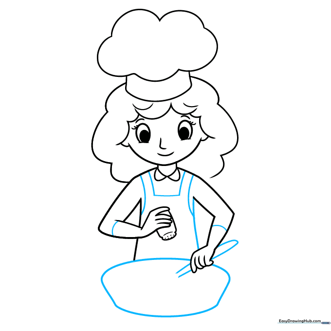 Sketching the chef's apron, a spoon, and a cooking pan.