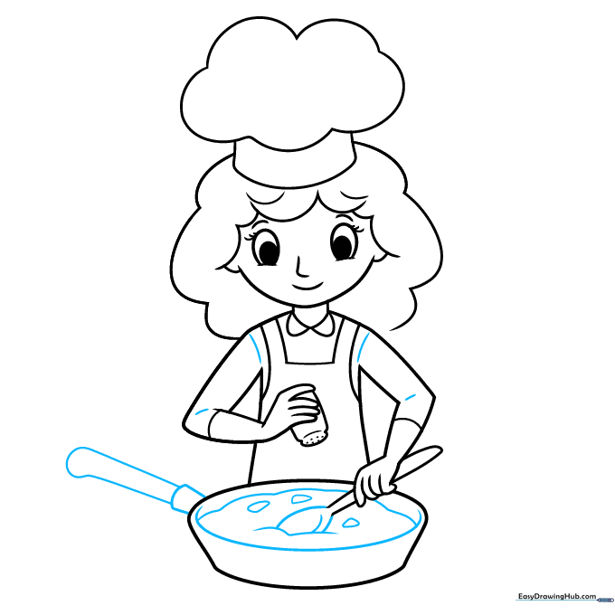 Adding food details to the pan and sleeve folds to the chef's uniform.
