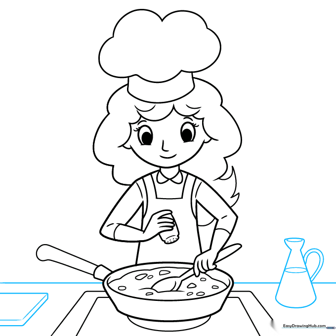 Adding a tabletop line and an oil bottle to complete the kitchen scene.