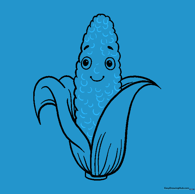 The finished line art of the corn cob with detailed kernel textures.