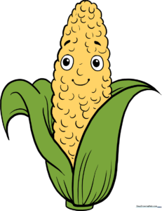 A vibrant, finished drawing of a happy corn cob, perfect for fall art projects.