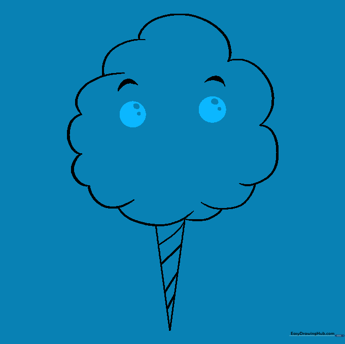 Two large cartoon eyes with highlights added to the cotton candy character.