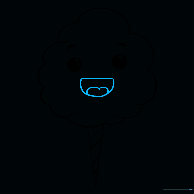 A wide, happy cartoon mouth with a tongue added to the center of the cotton candy.