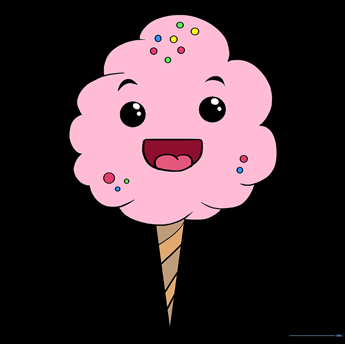The final colored cotton candy character with a pink body and tan cone.