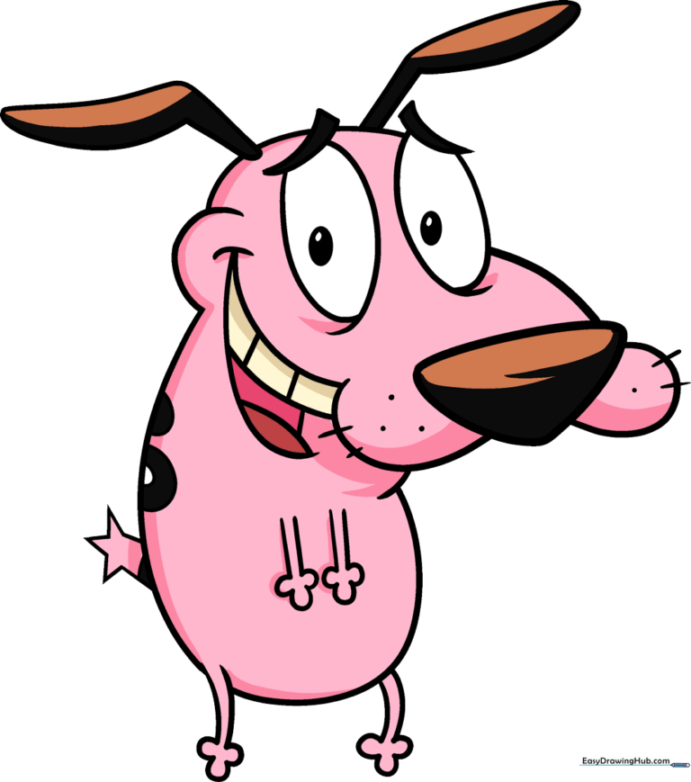 Finished drawing of Courage the Cowardly Dog, showcasing his pink fur and expressive face.