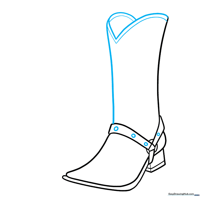 Outlining the tall shaft of the cowboy boot with a V-shaped top.