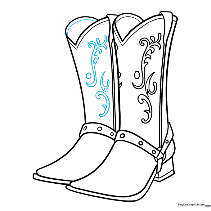 Finalizing the drawing with decorative patterns on the second boot.