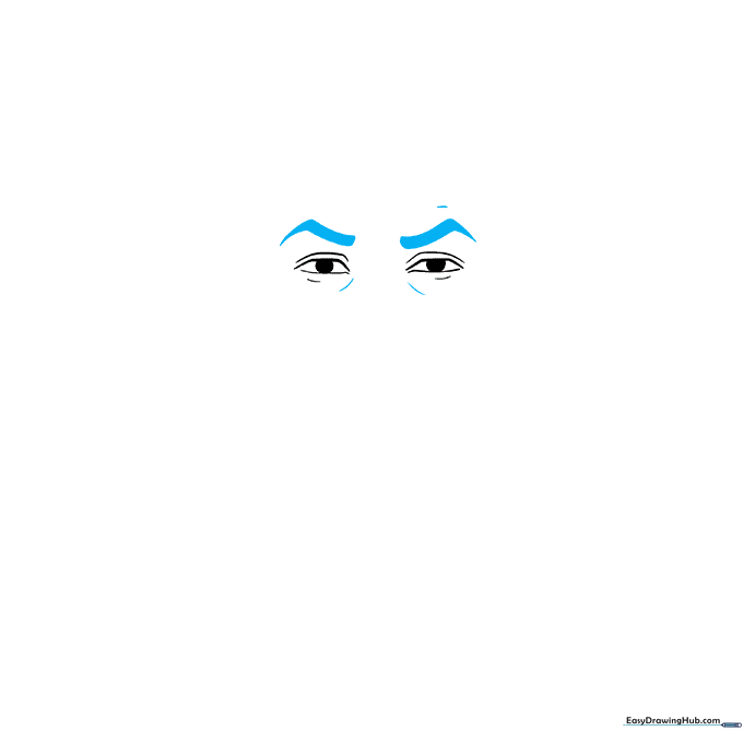 Adding thick, angled eyebrows and lower eyelid curves to the eye sketch.