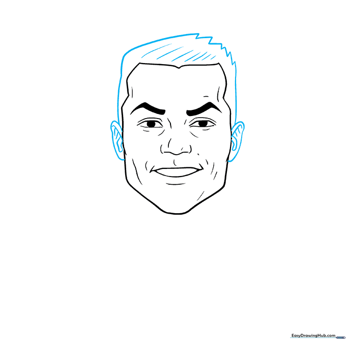 Adding ears to the side of the head and refining hair texture with diagonal lines.