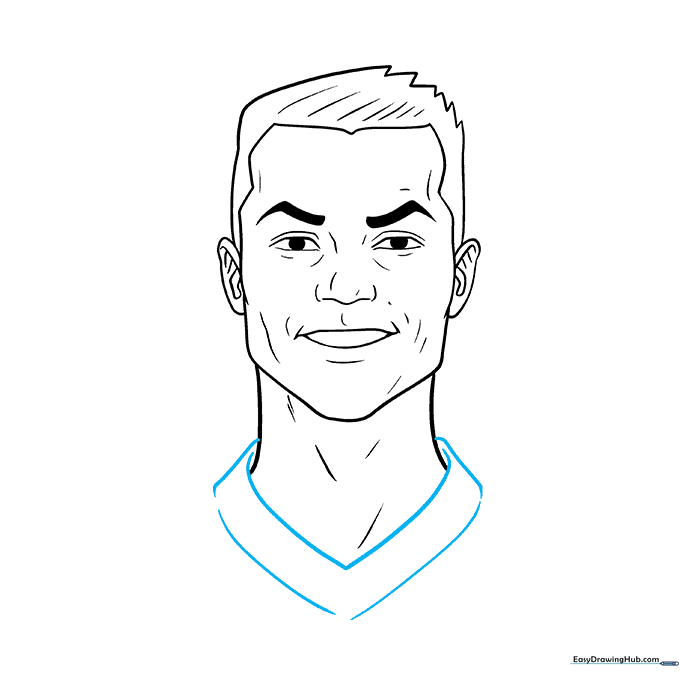 Sketching the collar of a jersey beneath the neck.