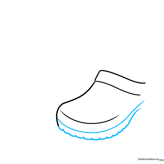 Drawing the curved upper section and the scalloped sole of the shoe.