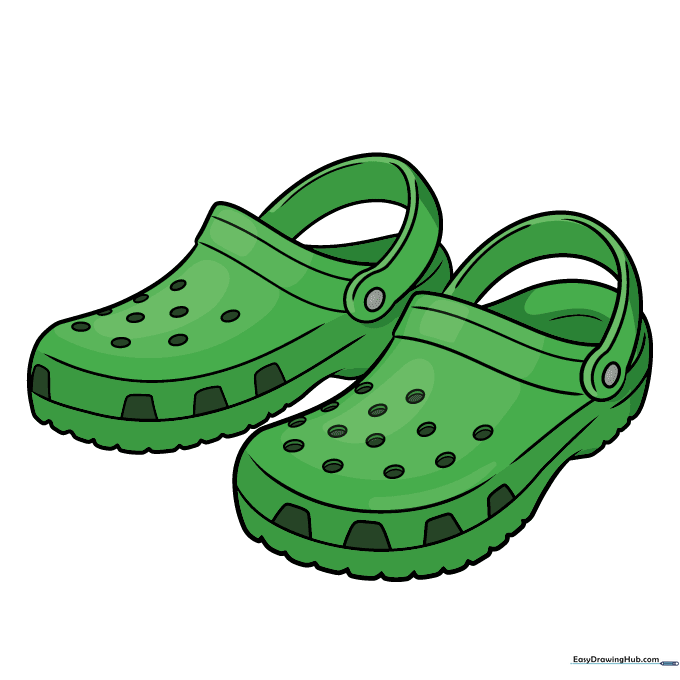 Finished, colorful drawing of a pair of Crocs.
