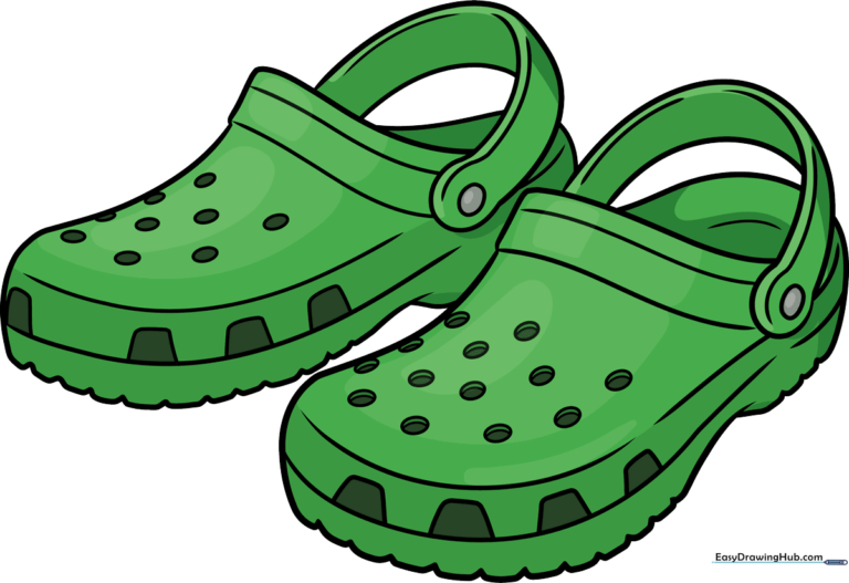 A colorful, finished illustration of a pair of Crocs, showcasing the final result of the tutorial.