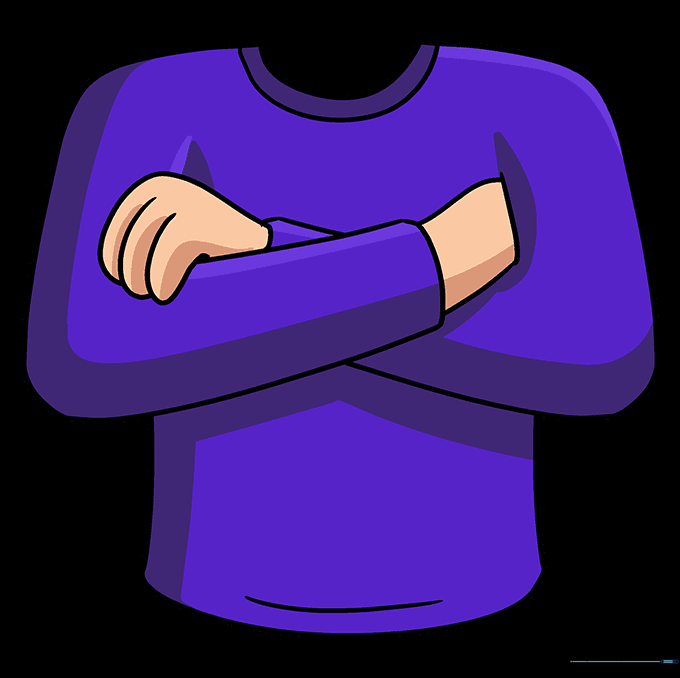 The final colored drawing of the character with crossed arms.