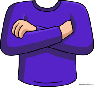 A completed, colorful cartoon character standing with arms crossed.