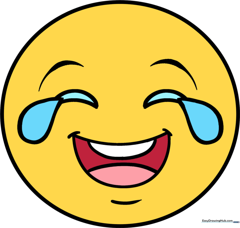 A vibrant, finished drawing of the crying laughing emoji with bright yellow coloring.
