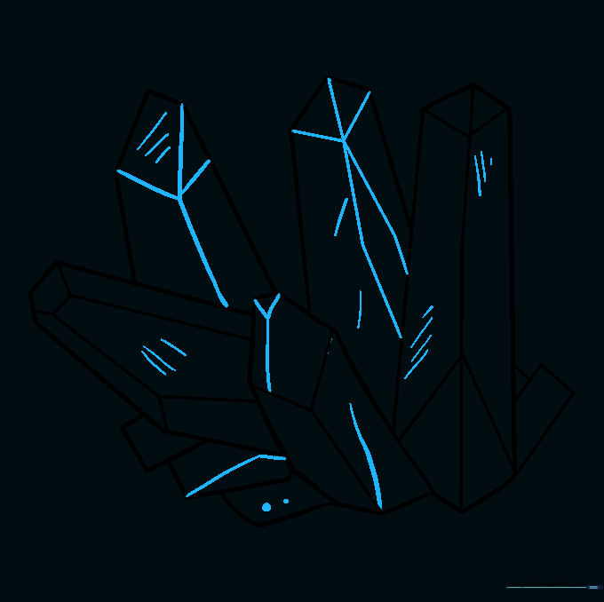 Hatching lines added to the crystal surfaces to create shading and texture.