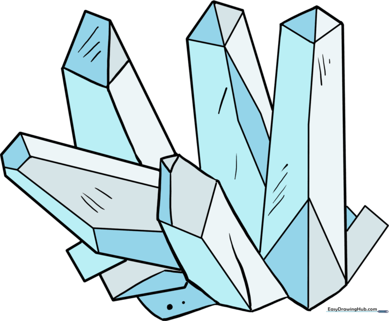 A vibrant, finished illustration of a crystal cluster, showcasing facets and shading.