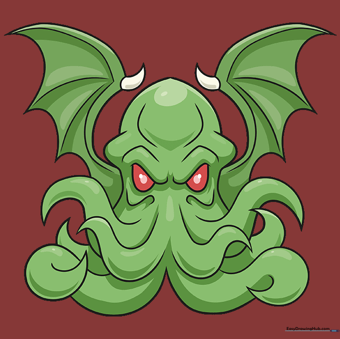 Finished Cthulhu drawing colored with green skin and red eyes.