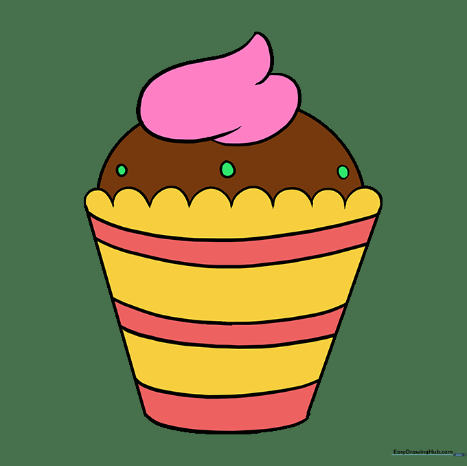 A fully colored, vibrant cupcake drawing with a striped wrapper and colorful sprinkles.