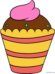 A colorful, finished drawing of a cupcake with a striped wrapper and a swirl of frosting, presented as a completed art project.