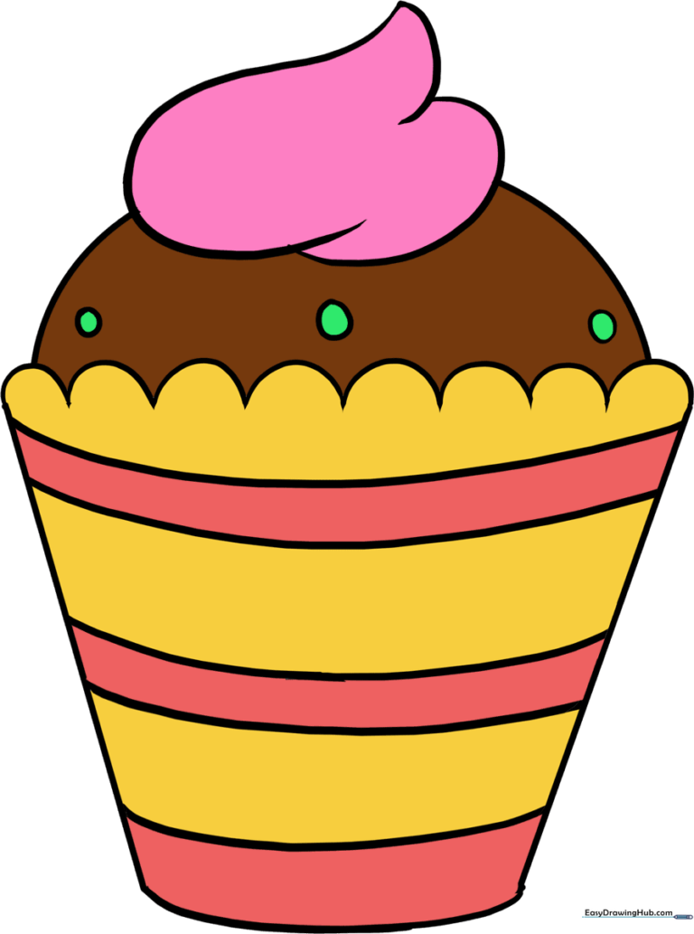 A colorful, finished drawing of a cupcake with a striped wrapper and a swirl of frosting, presented as a completed art project.
