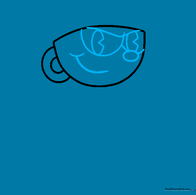 Cuphead's face featuring large eyes, pupils, a small nose, and a wide, playful smirk.