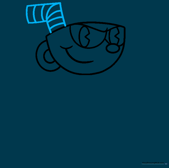 A striped, bendy straw drawn on top of the teacup head.