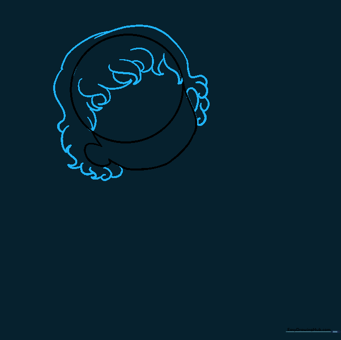 Adding jagged, curved lines around the head circle to define Cupid's hairstyle.