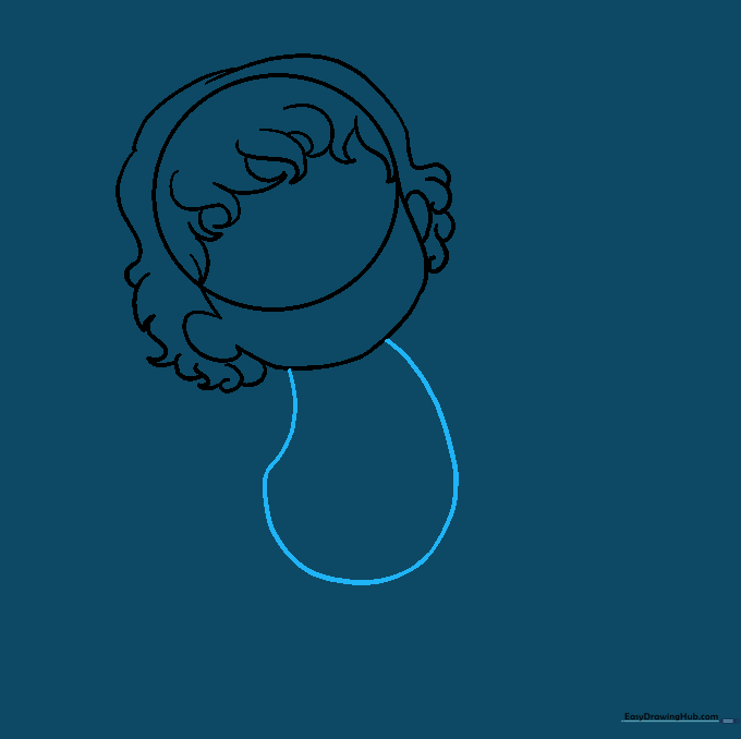 Drawing a rounded, pear-shaped body outline connected to the head.