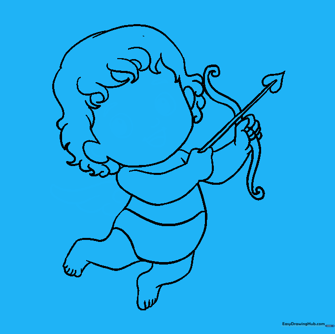Drawing the facial features and a feathered wing on Cupid's back.