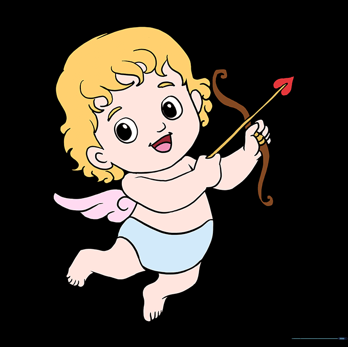 The final colored Cupid drawing with vibrant red and pink accents.