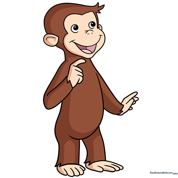 The finished, colored drawing of Curious George with brown fur and peach skin tones.