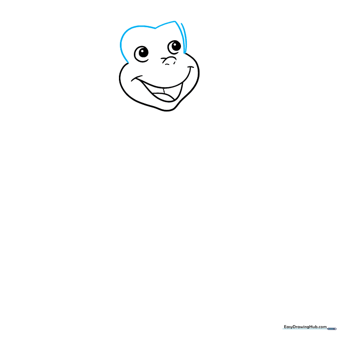 Outlining the top of Curious George's head with a soft M-shaped curve.