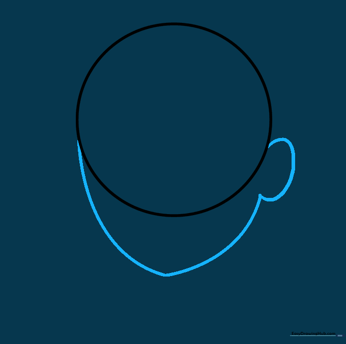 The outline of a human face shape including a chin and ear, drawn over the initial circle guide.