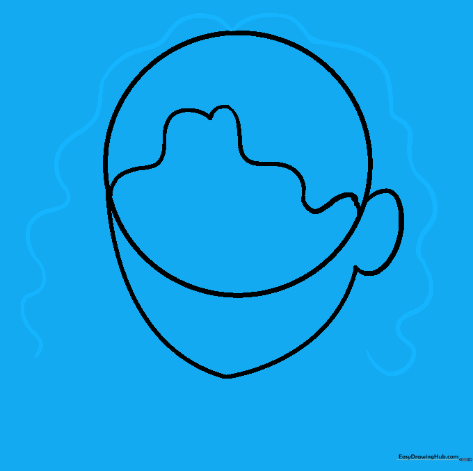 A large, wavy outline surrounding the head shape to represent the outer edge of curly hair.