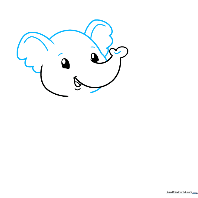 Drawing showing the addition of large, scalloped ears to the baby elephant sketch.