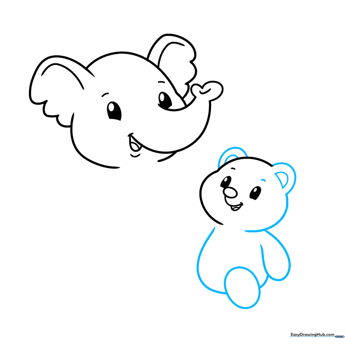 Drawing showing the bear's ears, body, and foot added to the composition.