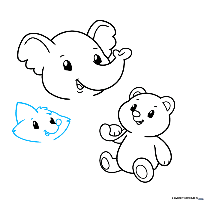 Drawing showing the detailed snout, cheeks, and ears of the fox character.
