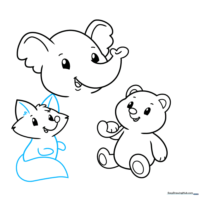 Drawing showing the full body and bushy tail of the fox.