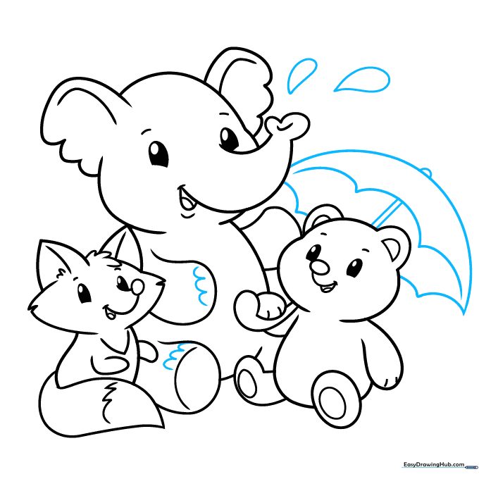 Drawing showing the completed outline with the umbrella and rain details.