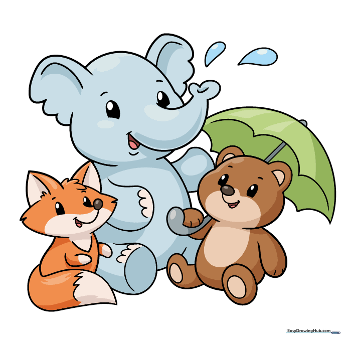 Final colored version of the cute animal trio, featuring a grey elephant, brown bear, and orange fox.