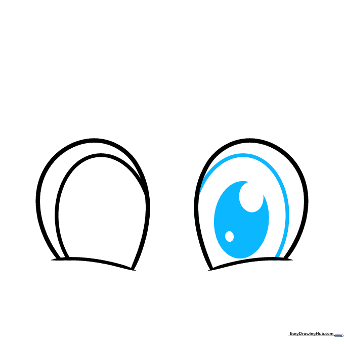 Detailed view of a cartoon pupil with two circular highlights inside.