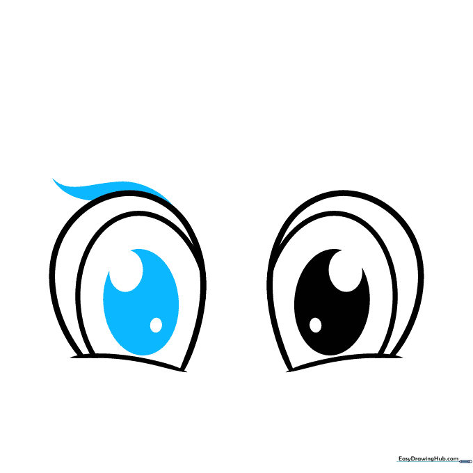 Adding thick, curved eyeliner wings to the top of both cartoon eyes.