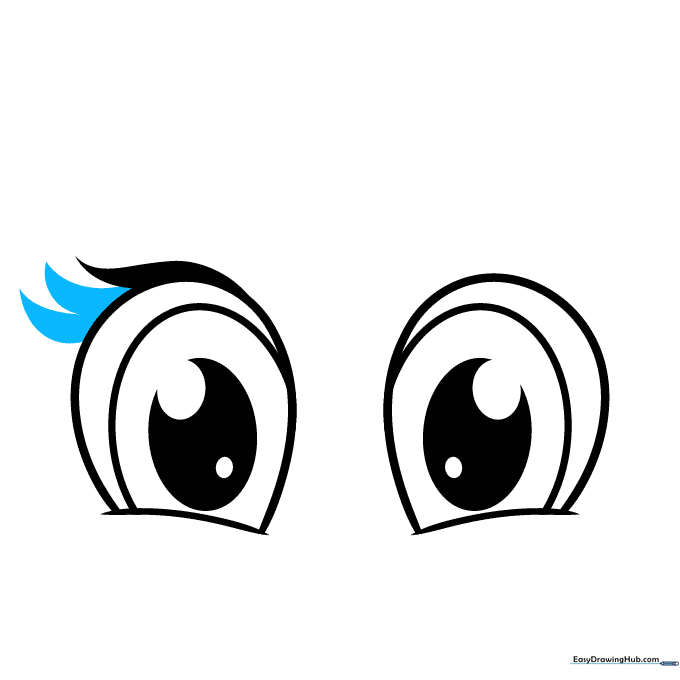 Drawing thick, curved upper eyelashes on the left eye.