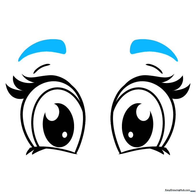 Adding thick, expressive eyebrows above the cartoon eyes.