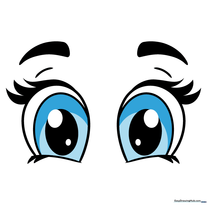 Final colored cartoon eyes with bold black outlines and vibrant iris colors.