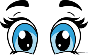 A vibrant, finished illustration of cute cartoon eyes with bright highlights.