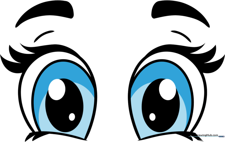 A vibrant, finished illustration of cute cartoon eyes with bright highlights.